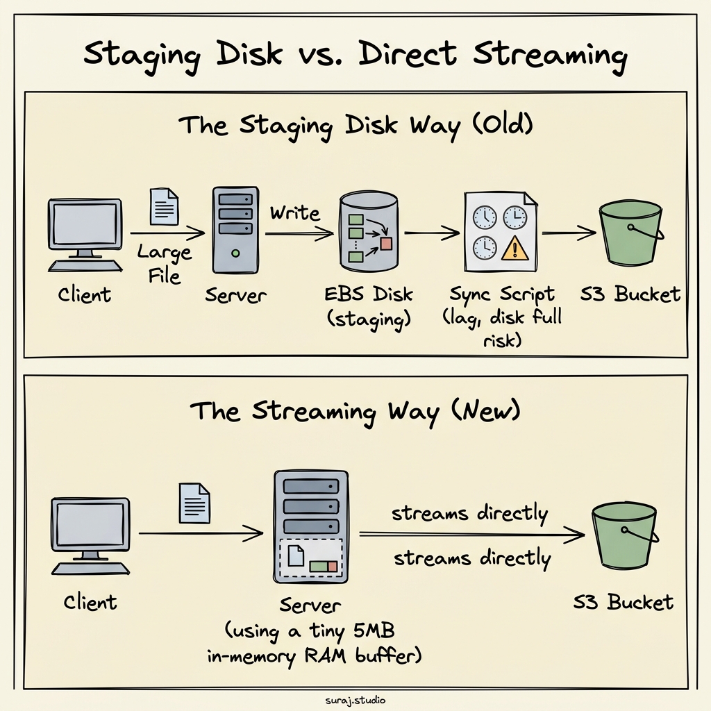Staging on disk introduces storage costs, delay, and failure risks. Direct streaming bypasses the disk entirely.