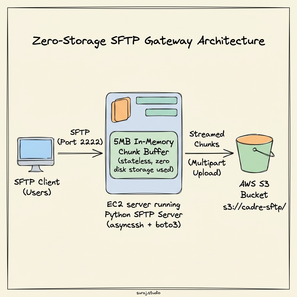 The zero-storage SFTP architecture: streaming chunks directly to S3.