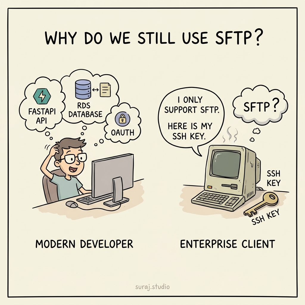 Modern devs want to use APIs, but enterprise clients just want SFTP. Universal adapters are a necessity.