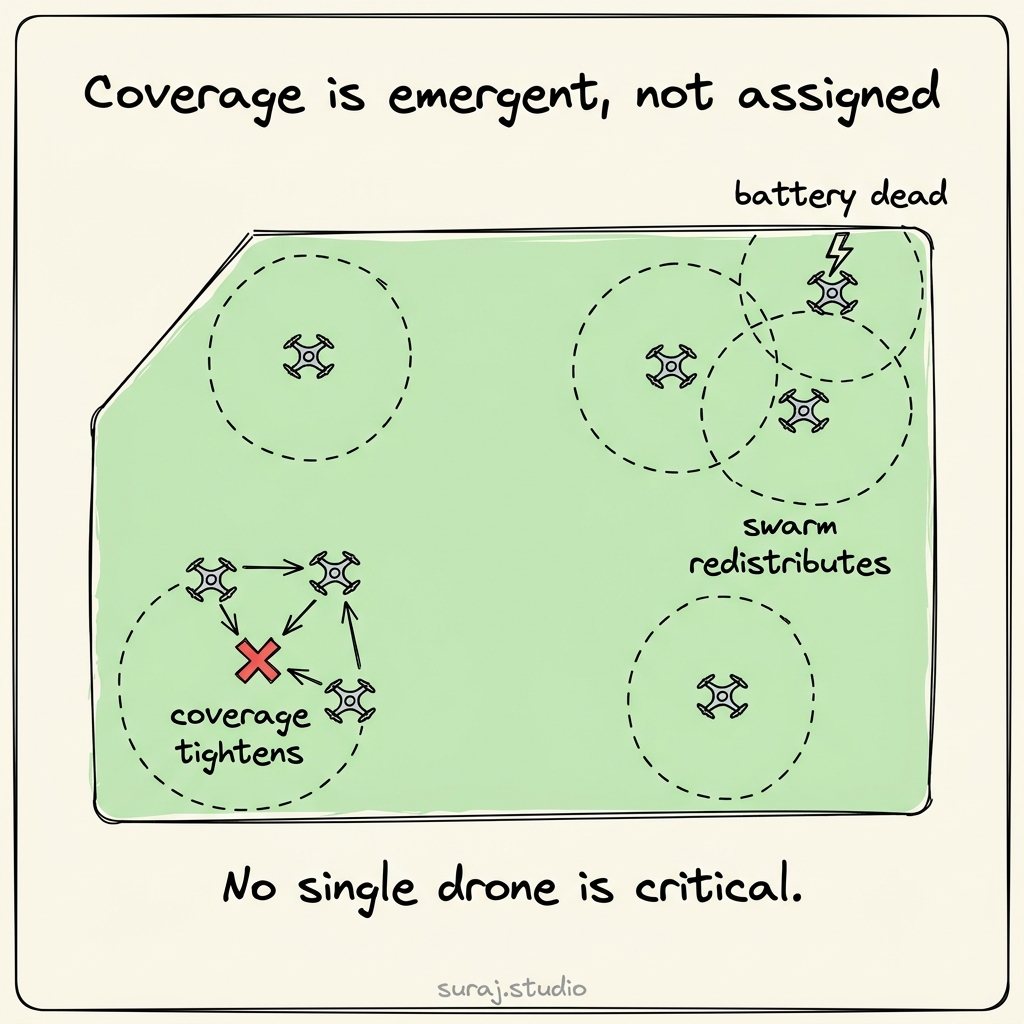 Coverage is emergent, not assigned. Drones converge on threats and redistribute when one fails, with no central controller.